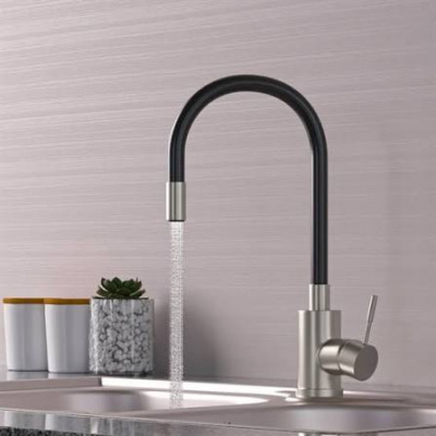 Смеситель для кухни MIXLINE  35к МЛНС-0325Х ЧЕРНЫЙ гибкий излив, боковая ручка, хром